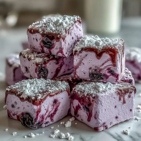 Freshly cut squares of Black Currant Marshmallows showcasing a pillowy, light texture and vibrant purple interior.