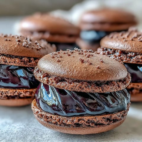 Vibrant Black Currant Macarons with deep purple shells and a tangy, creamy ganache filling.