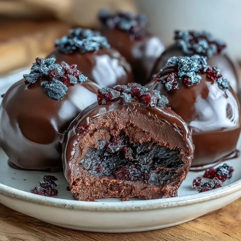 Decadent homemade Black Currant Chocolate Truffles rolled in rich cocoa powder.