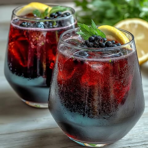 A close-up of a chilled Black Currant and Cassis Cocktail, showcasing the rich burgundy hue and a bright lemon twist resting on the rim.