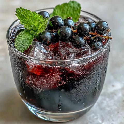 Two glasses of sparkling Black Currant It Berry Celebration Drink garnished with fresh mint and whole berries on a wooden table.