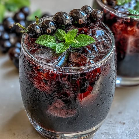 A tall glass of creamy Black Currant It Berry Celebration Smoothie topped with banana slices and a reusable straw.