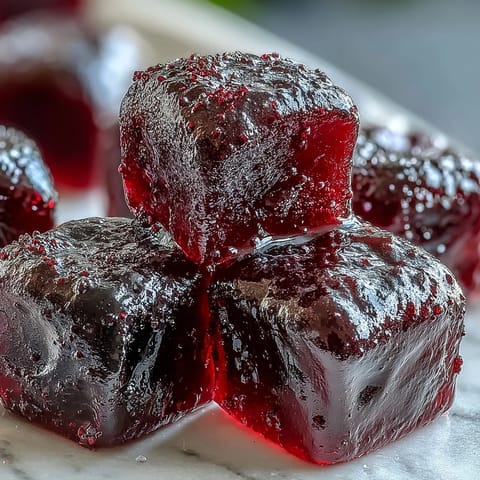 Homemade Black Currant Gummies dusted with sugar on a marble counter, ready for tasting.