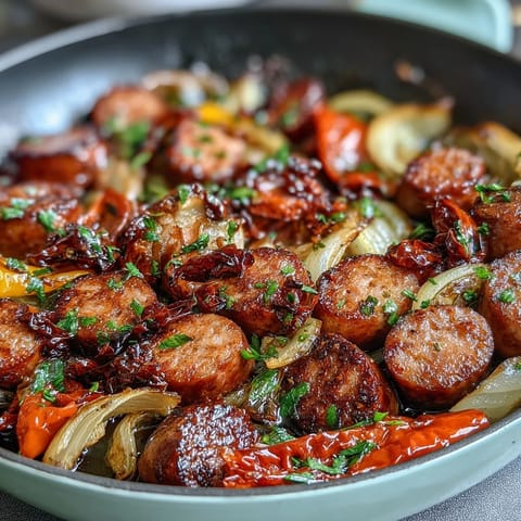 A colorful sheet pan of roasted sausages, bell peppers, and onions, golden and sizzling, perfect for a quick family dinner.