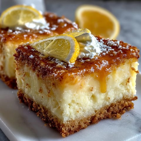 A golden lemon tart with silky citrus filling, served on a white plate with fresh berries and mint.