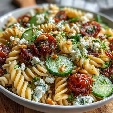 Bright and zesty lemon vinaigrette pasta salad featuring al dente pasta, refreshing cucumber, and sweet cherry tomatoes tossed in tangy dressing.