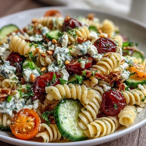 Fresh lemon vinaigrette pasta salad with crisp cucumbers and juicy cherry tomatoes, perfect for summer picnics and light lunches.