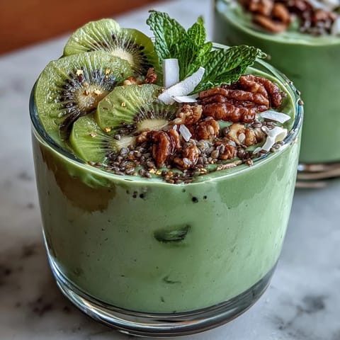 A vibrant green smoothie bowl topped with kiwi shamrock and crunchy granola, perfect for St. Patrick's Day.