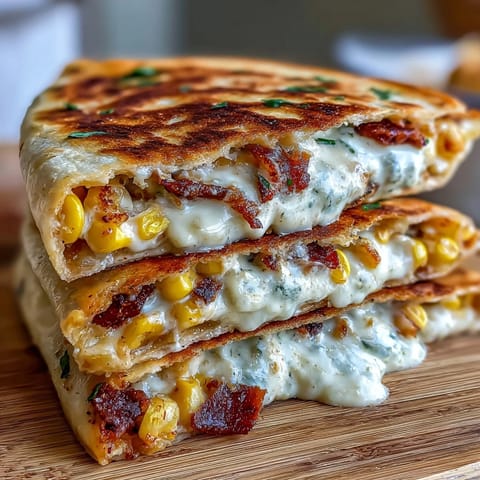Golden Cinco de Mayo street corn quesadilla loaded with roasted corn, melty cheese, and smoky chipotle crema drizzle.