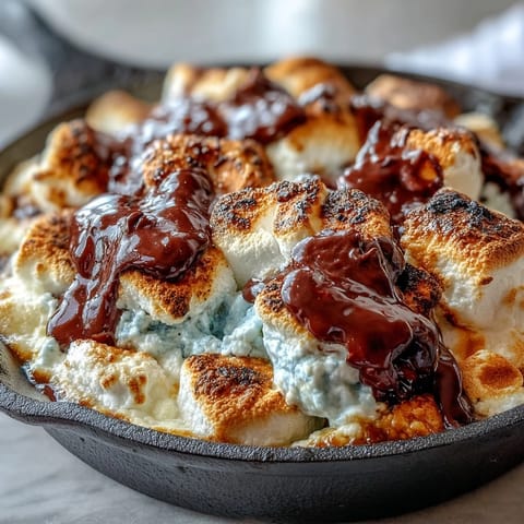 Gooey chocolate and toasted marshmallows bubble in a cast iron skillet, perfect for 4th of July smores dip gatherings.