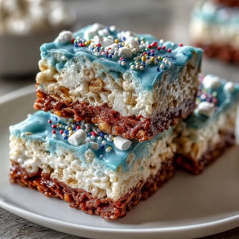 Patriotic Rice Krispies treats in red, white, and blue layers, topped with festive sprinkles for a 4th of July dessert.