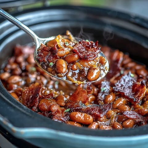 A hearty skillet of Summer BBQ Baked Beans with Brown Sugar and Bacon, bubbling with sweet-smoky sauce and crispy bacon bits.