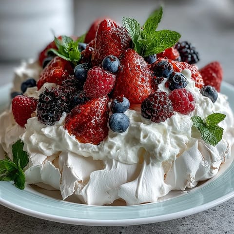 Crisp meringue pavlova with soft marshmallow center, generously crowned with luscious cream and mixed berries.  