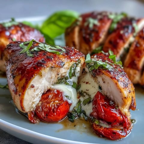 Caprese stuffed chicken breast with melted mozzarella, juicy tomatoes, and fresh basil baked until golden and bubbling.