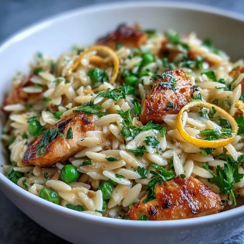One-Pot Lemon Orzo with Chicken and Peas in a creamy, zesty skillet meal ready to serve.  