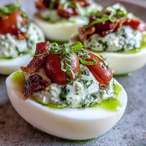 Caprese Deviled Eggs topped with basil oil, tomato, and mozzarella.