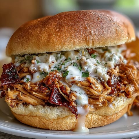 Juicy smoked pulled chicken bursting with flavor on toasted buns, drizzled with white BBQ sauce.