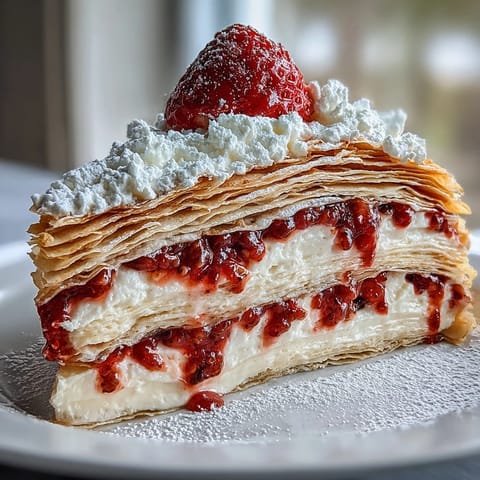 Layered Mother's Day crêpe cake with strawberry mascarpone cream, garnished with fresh strawberries and mint.