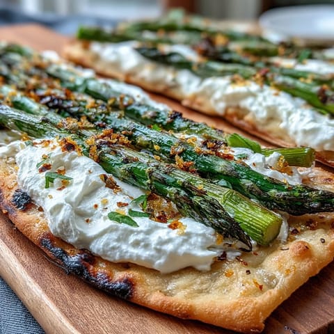 Roasted asparagus flatbread with creamy burrata and bright lemon zest.