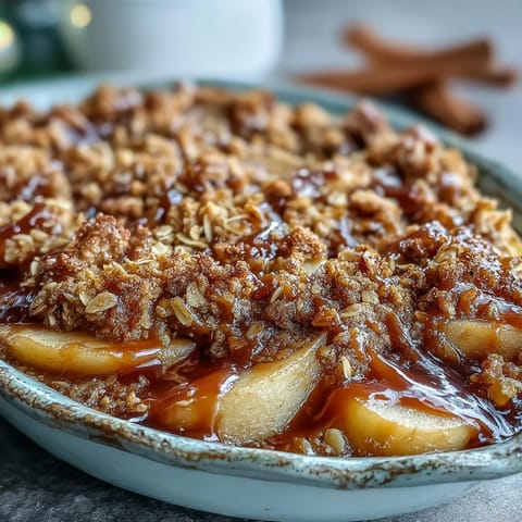Father's Day Whiskey Caramel Apple Crisp, warm and gooey with tender apples and oats.