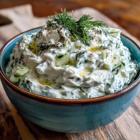 Creamy Skyr Tzatziki Dip with fresh cucumber and dill, ready to serve.