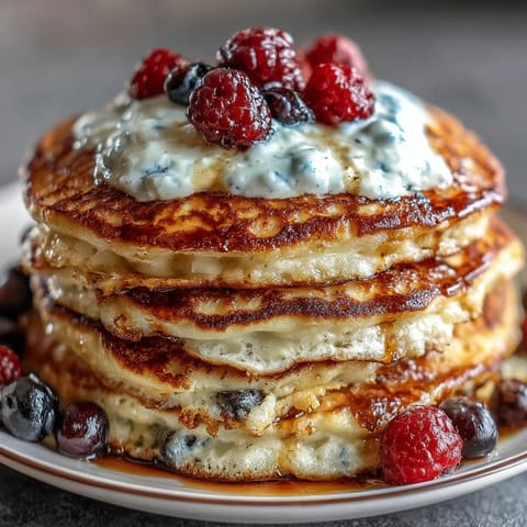 Golden, fluffy Icelandic Skyr Pancakes stacked high with fresh berries and syrup.