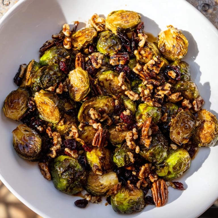 Image of crispy Winter Roasted Brussels Sprouts, caramelized with maple syrup, a perfect side dish.