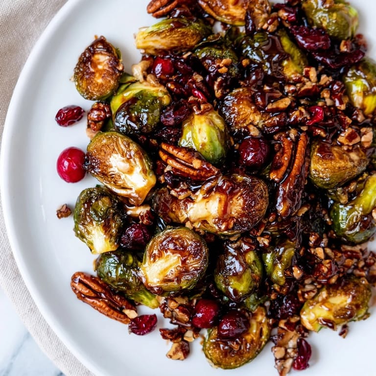Close-up of savory Winter Roasted Brussels Sprouts offering a sweet and tangy balsamic flavor profile.