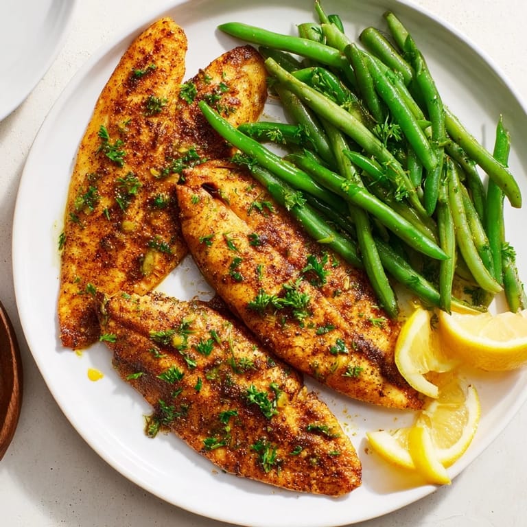 Freshly roasted Sheet Pan Lemon Herb Tilapia and Green Beans served with vibrant parsley and juicy lemon wedges.