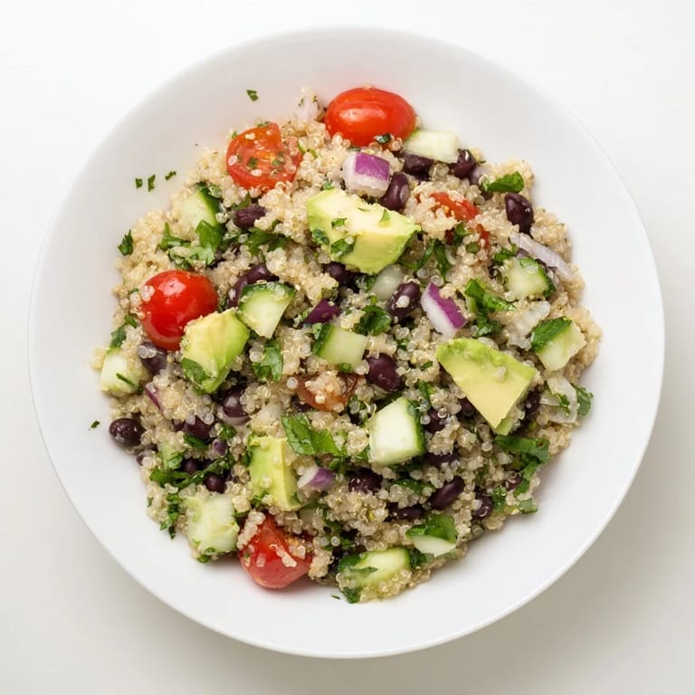 Chilled refreshing quinoa and black bean salad with lime, the perfect healthy lunch option.