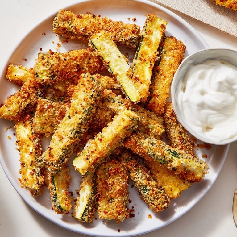 Fresh, oven-baked Parmesan zucchini fries, perfectly golden, displayed with a zesty, creamy dipping sauce.