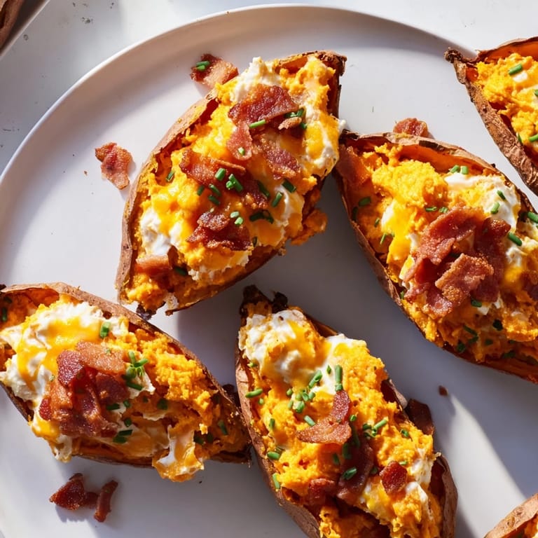 Close-up of baked loaded sweet potato skins, showcasing the creamy filling and savory toppings.
