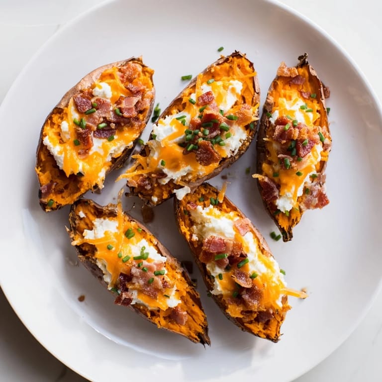 Warm, appetizing photo of gluten-free loaded sweet potato skins, perfect for an easy appetizer.
