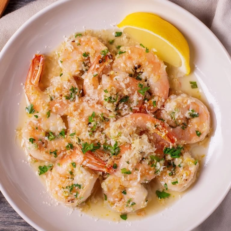 Sizzling skillet of ultimate 20-minute creamy garlic shrimp, garnished with fresh parsley and lemon wedges.
