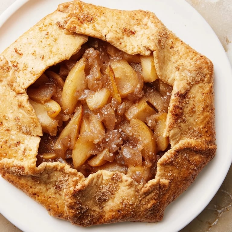 A close-up of a Rustic Pear and Ginger Galette shows flaky pastry embracing the spiced pear filling.