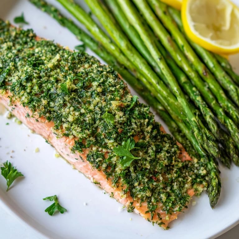 Juicy Easy Herb-Crusted Salmon topped with herbs, served beside tender asparagus, ready to be enjoyed.