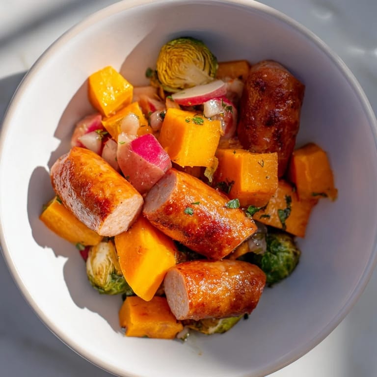 Close-up shot shows a flavorful Hearty Sheet Pan Sausage and Autumn Veggie Medley, served hot.