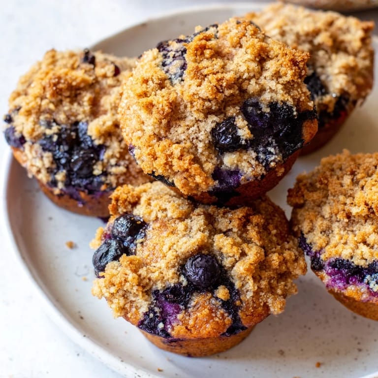 Freshly baked, American-style blueberry muffins with a crunchy streusel topping, ready to enjoy.