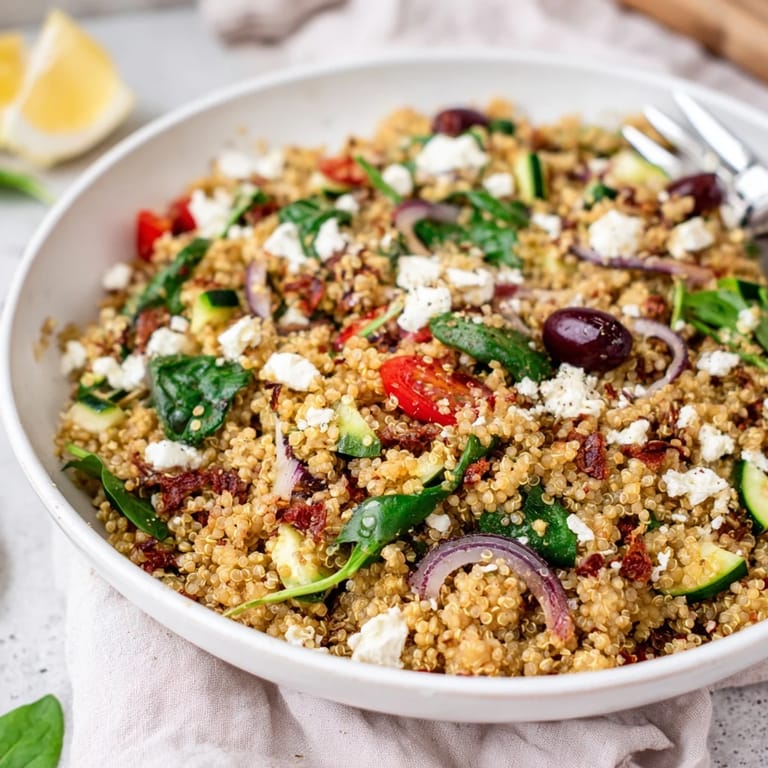 Savory photo of a Mediterranean Grain Bowl featuring fluffy grains, feta, and crunchy roasted chickpeas.