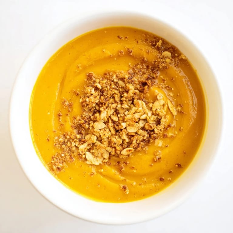 Enjoy a steaming bowl of creamy roasted pumpkin soup, a comforting blend of spices and textures.