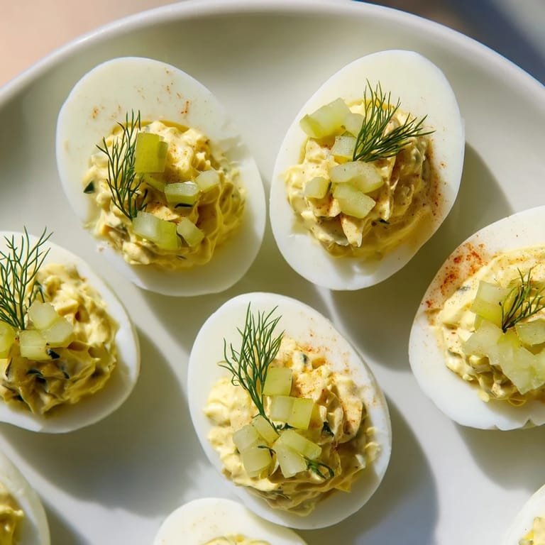 Tangy Dill Pickle Deviled Eggs: creamy filling and vibrant garnishes for a party platter.