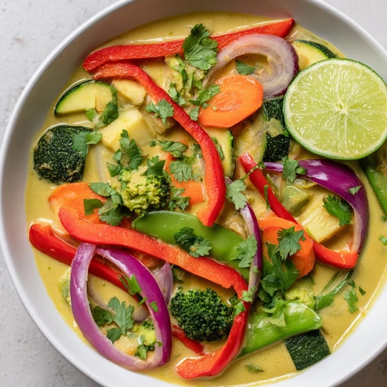 A close-up of delicious Coconut Curry Vegetables, showcasing tender vegetables in a creamy sauce.
