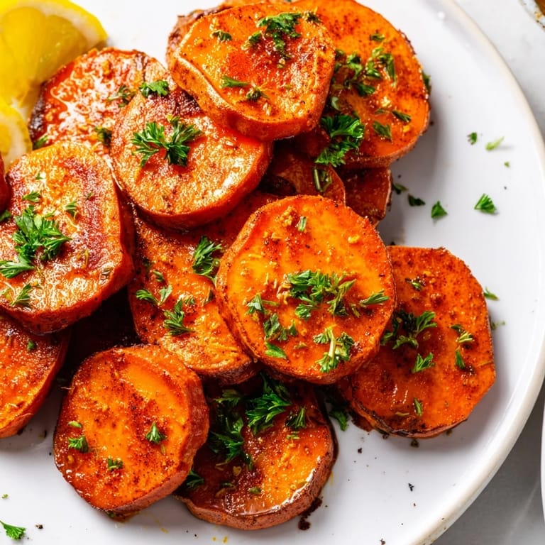 Spicy Cajun Roasted Sweet Potatoes, ready to serve, are appealing with a sprinkle of fresh parsley and lemon wedges.