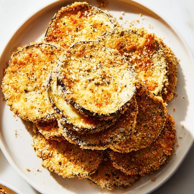 These tasty Crispy Eggplant Parmesan Chips are lightly dusted with Parmesan, best enjoyed with marinara.