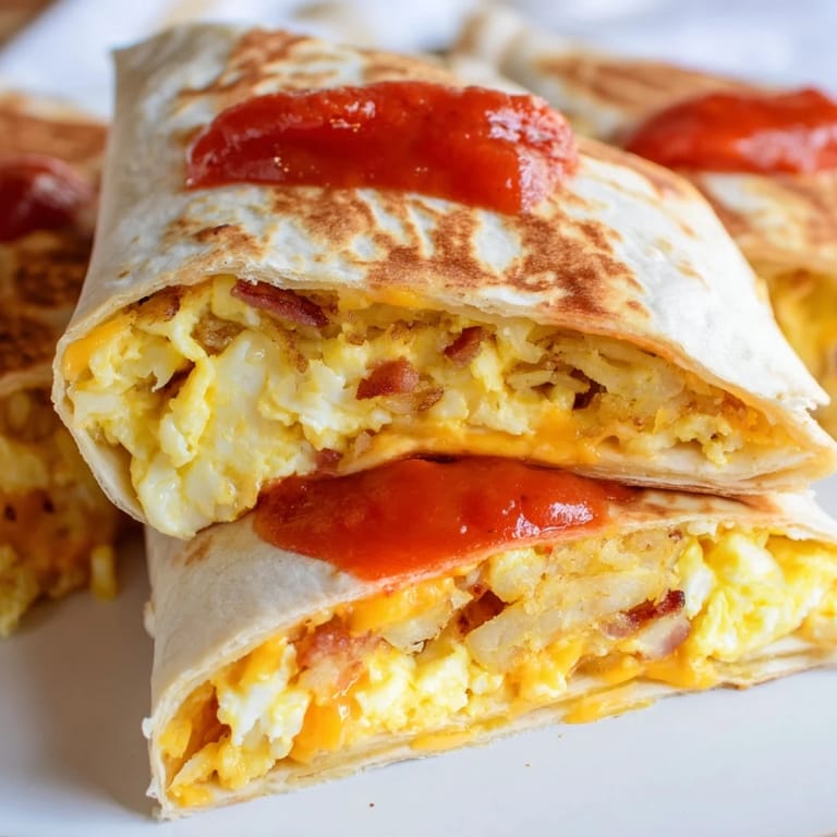 A neatly folded Breakfast Crunchwrap Hack reveals a delicious cross-section of breakfast ingredients and textures.