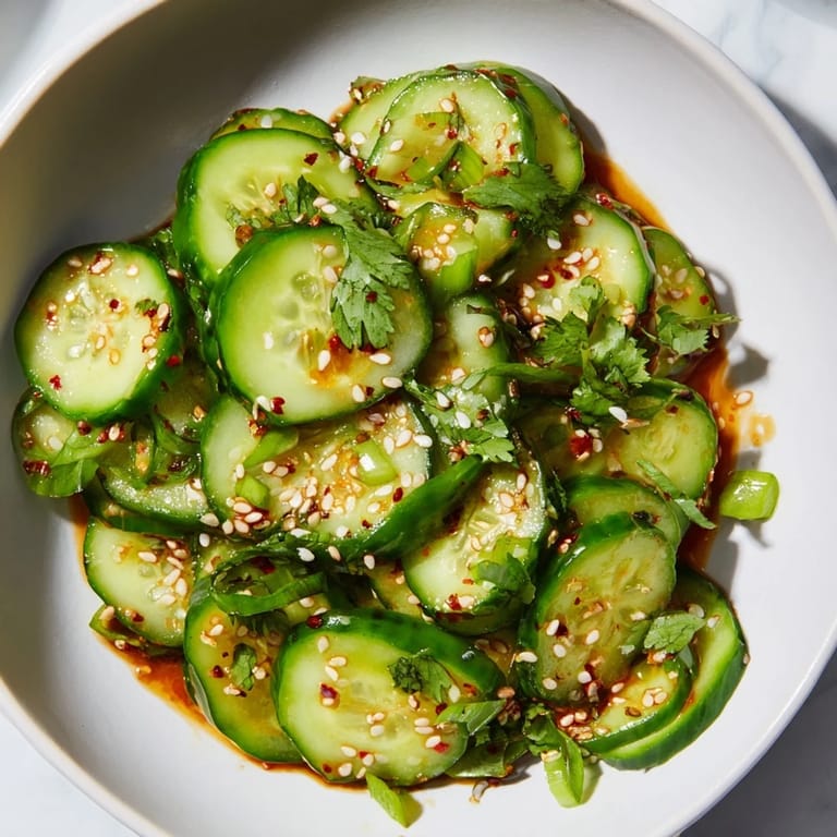 A close-up shot of the fresh Zesty Shake Cucumber Salad, a vegan, Asian-inspired side dish.
