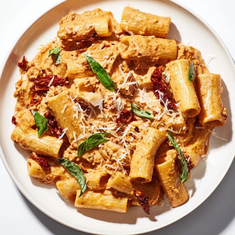 A close-up shot of rich, delicious Creamy Sun-Dried Tomato Pasta, the vibrant Italian-American dinner.