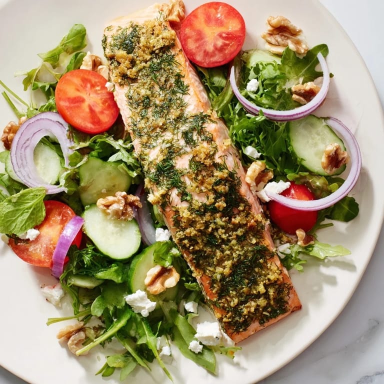 Golden, baked herb-crusted salmon rests atop a vibrant salad, complete with a delicious vinaigrette.