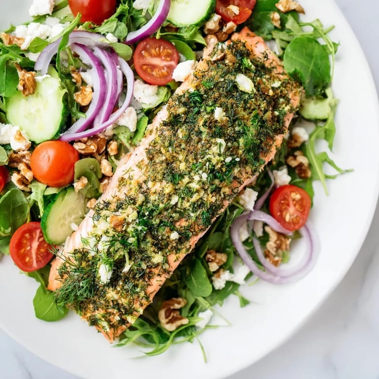 Warm herb-crusted salmon on a bed of fresh greens, presenting a flavorful and healthy salmon salad.