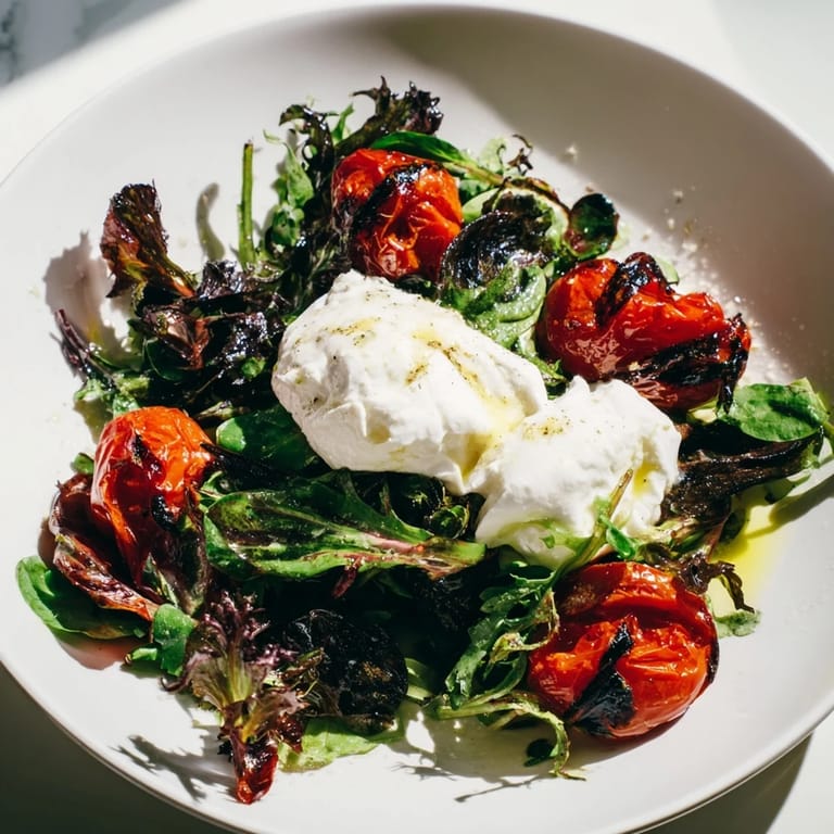 A beautiful plate of Charred Tomato Salad with Burrata, glistening with a balsamic glaze dressing.